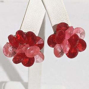 Vintage Marked Red & Pink Cluster Clip Earrings